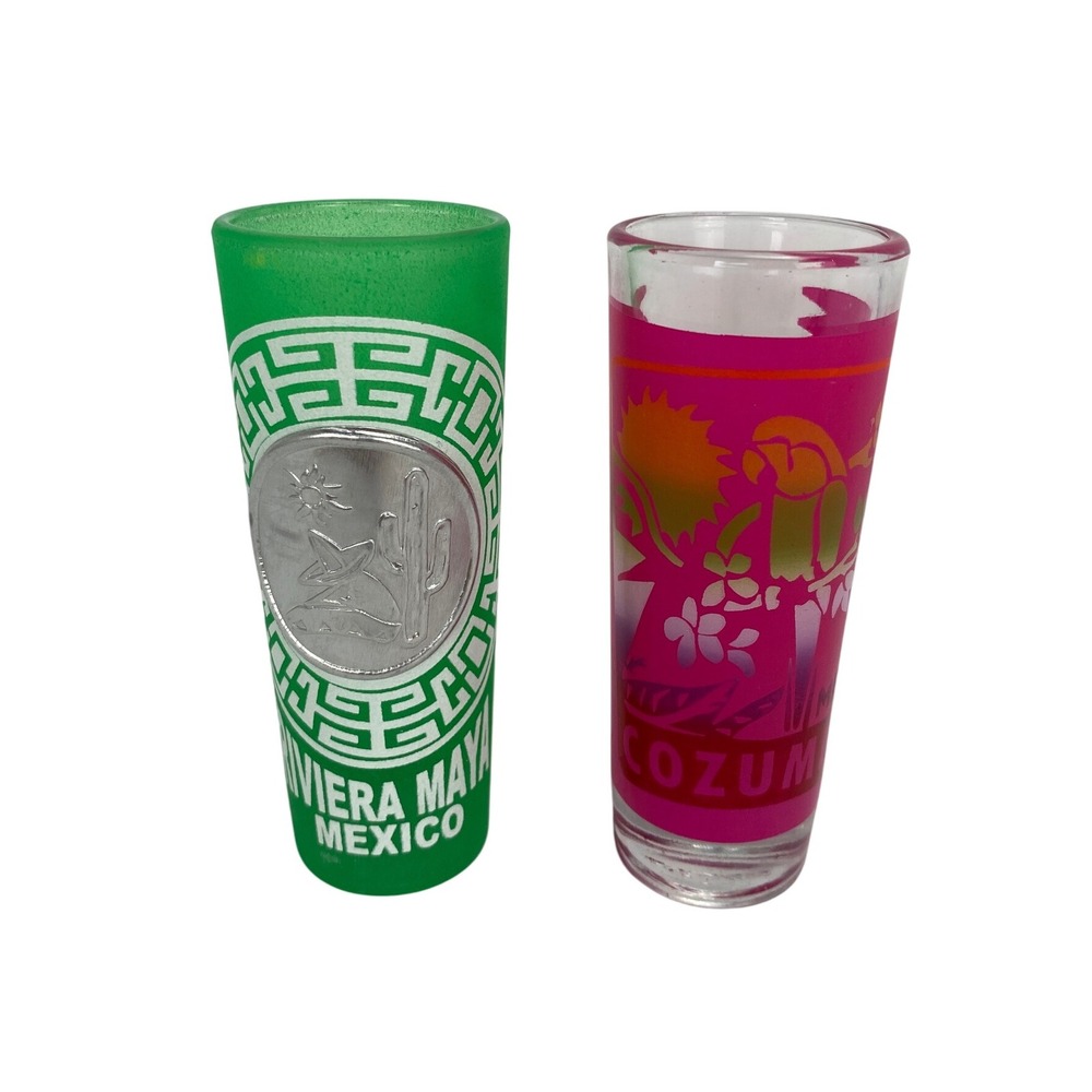 Riviera Maya Cozumel Shot Glasses Mexico Souvenir Barware Set of 2 Pink Green